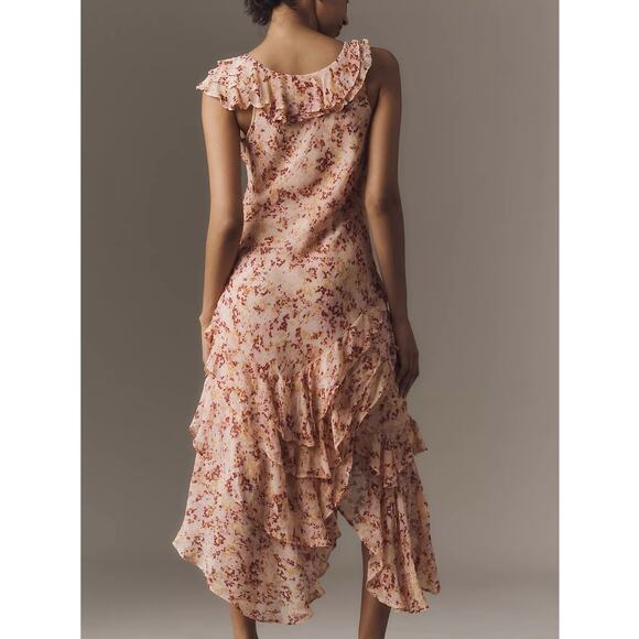 By Anthropologie Cowl-Neck Ruffle Midi Dress Pink Floral Size Large NEW - Picture 3 of 11